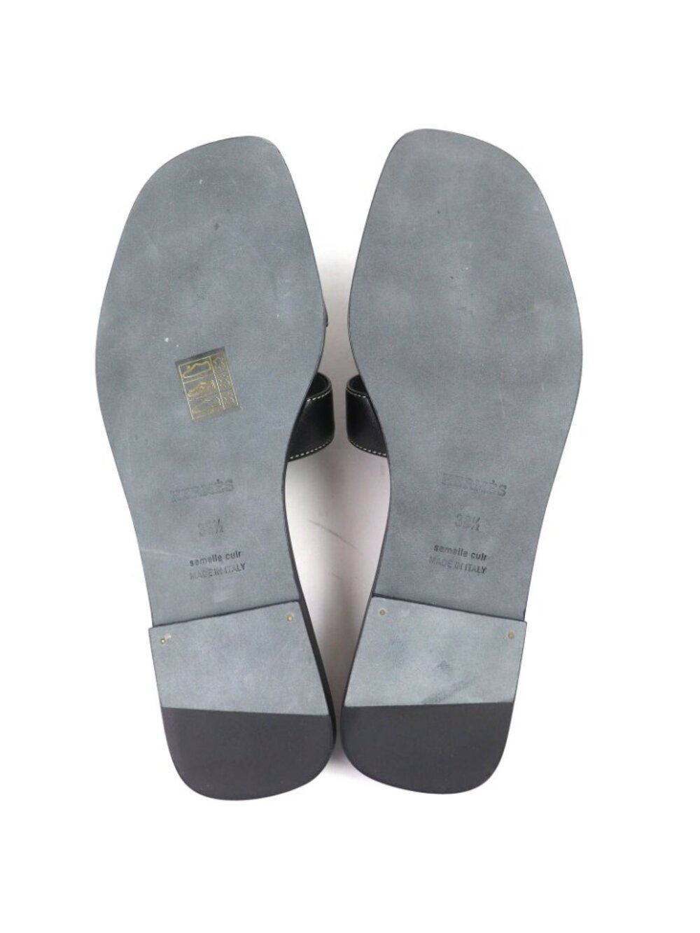 Hermes Oran Box Calf Leather Motif Flat Sandals Mules Black 38.5 Box - Picture 8 of 12